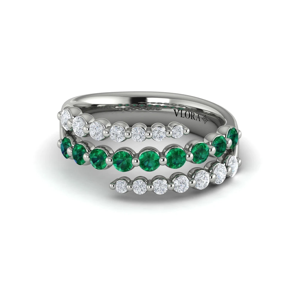 Diamond and Emerald Three Row Wrap Ring Platinum