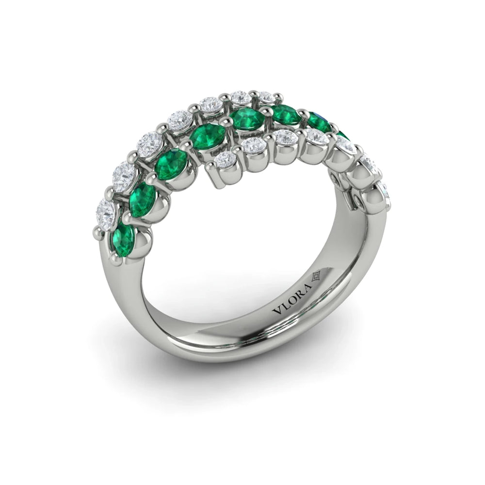 Diamond and Emerald Three Row Wrap Ring Platinum
