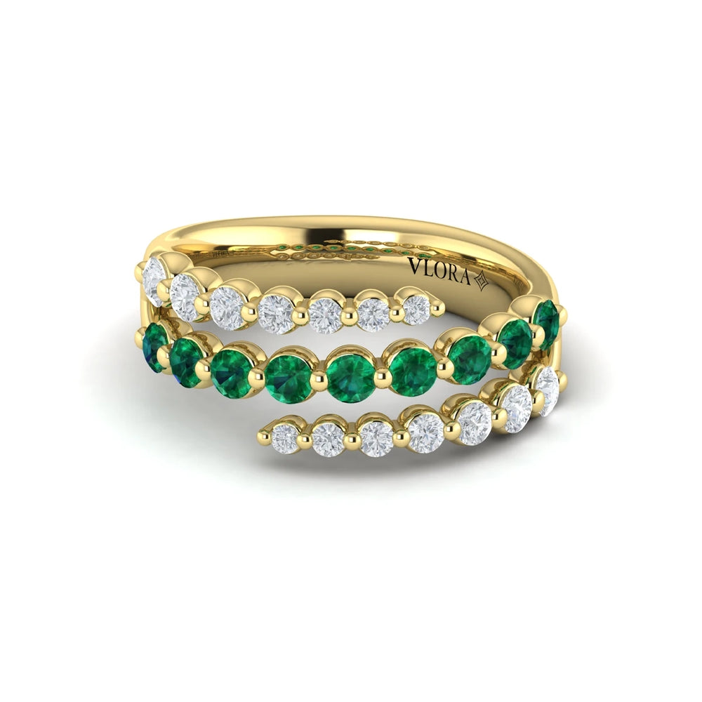 Diamond and Emerald Three Row Wrap Ring Yellow Gold