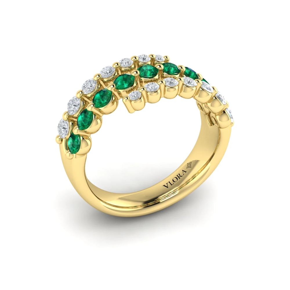 Diamond and Emerald Three Row Wrap Ring Yellow Gold