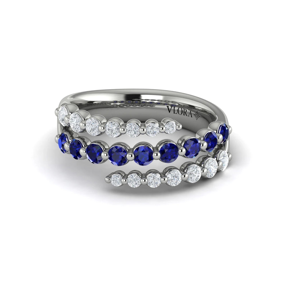 Diamond and Blue Sapphire Three Row Wrap Ring White Gold