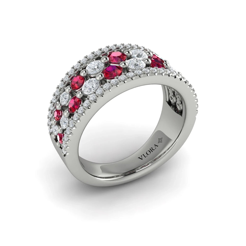 Diamond and Ruby Cluster Statement Ring White Gold