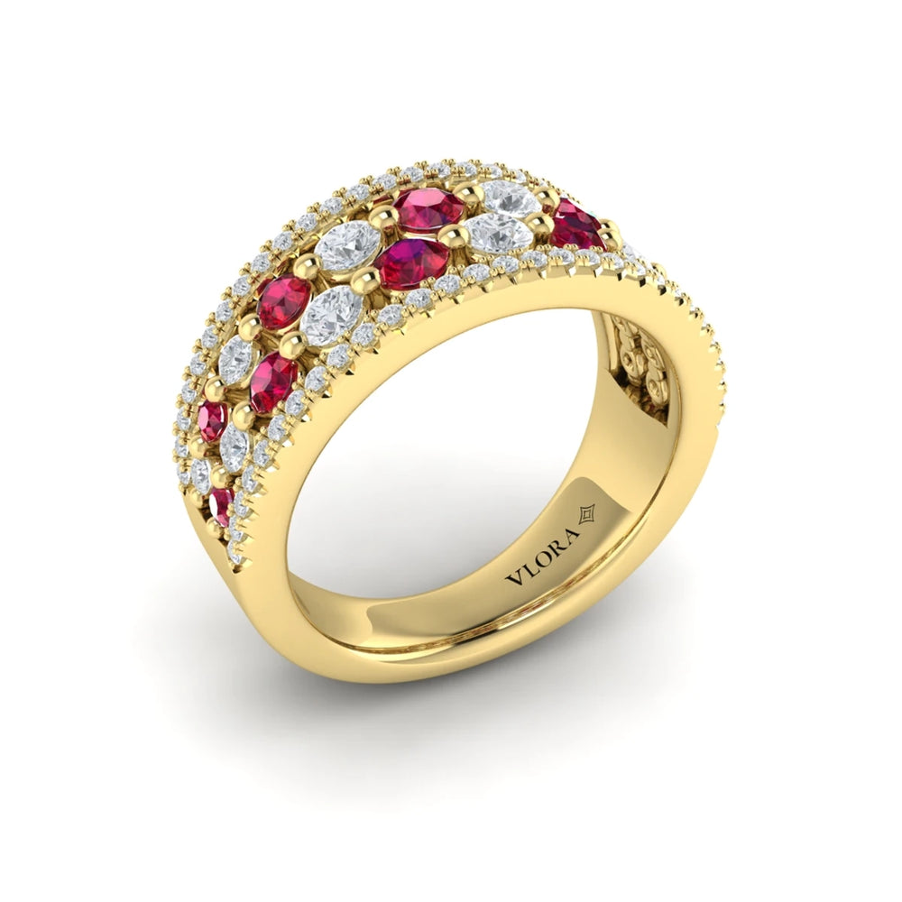 Diamond and Ruby Cluster Statement Ring Yellow Gold