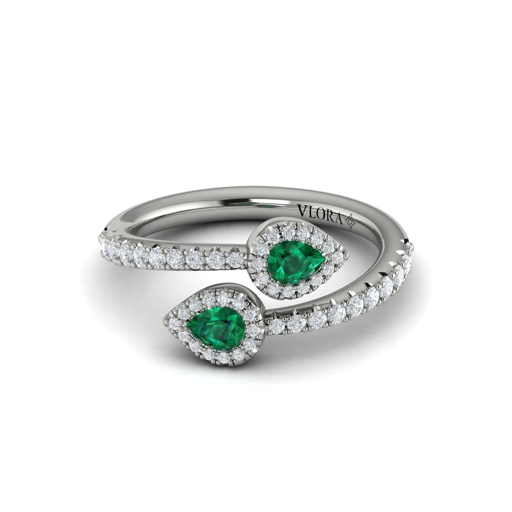 Diamond Wrapped Pear Emerald Ring White Gold
