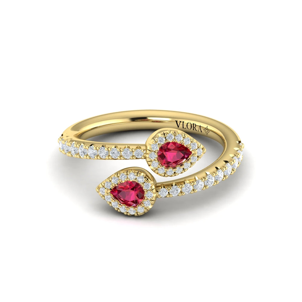 Diamond Wrapped Pear Ruby Ring Yellow Gold