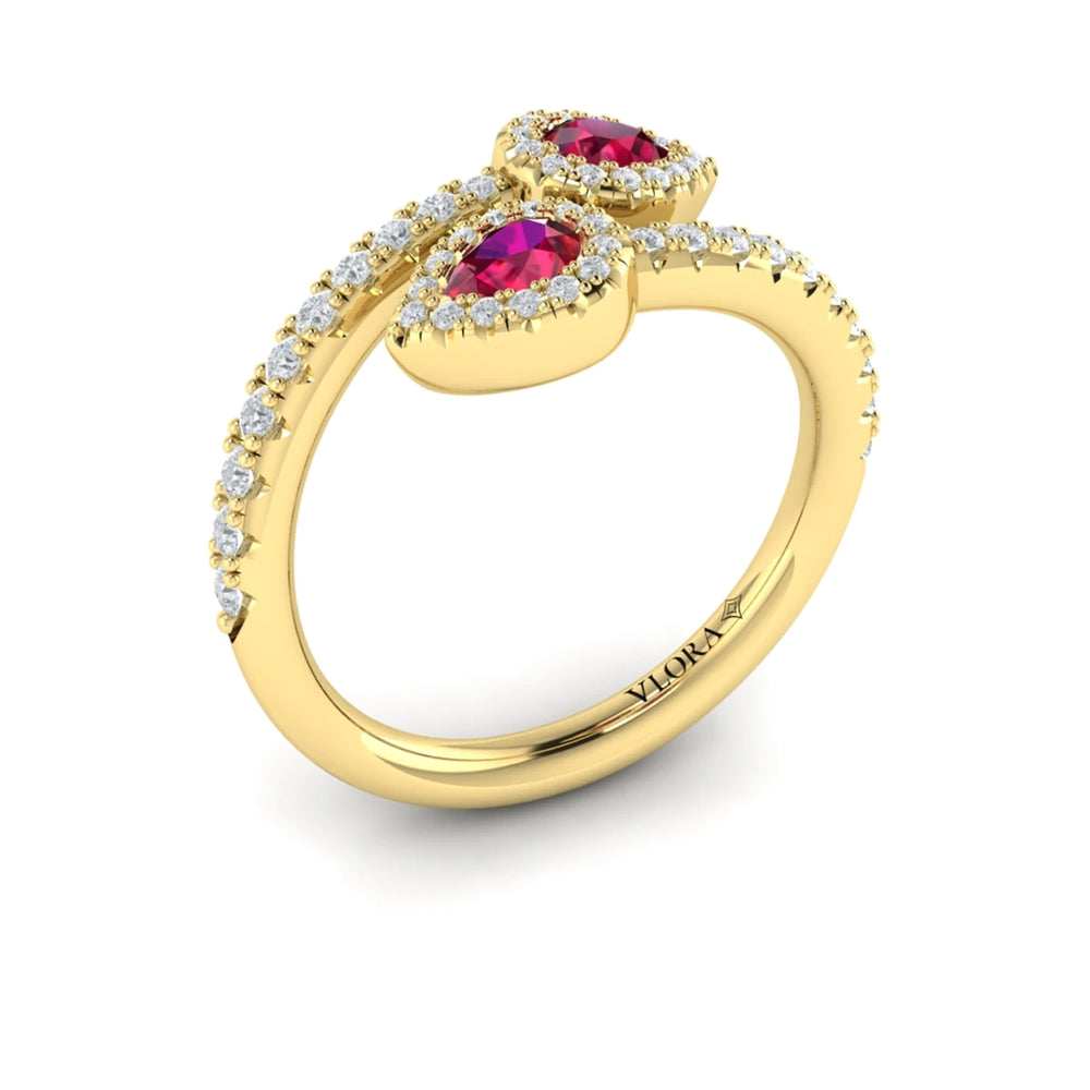 Diamond Wrapped Pear Ruby Ring Yellow Gold