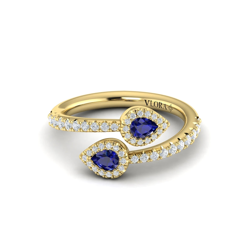 Diamond Wrapped Pear Blue Sapphire Ring Yellow Gold