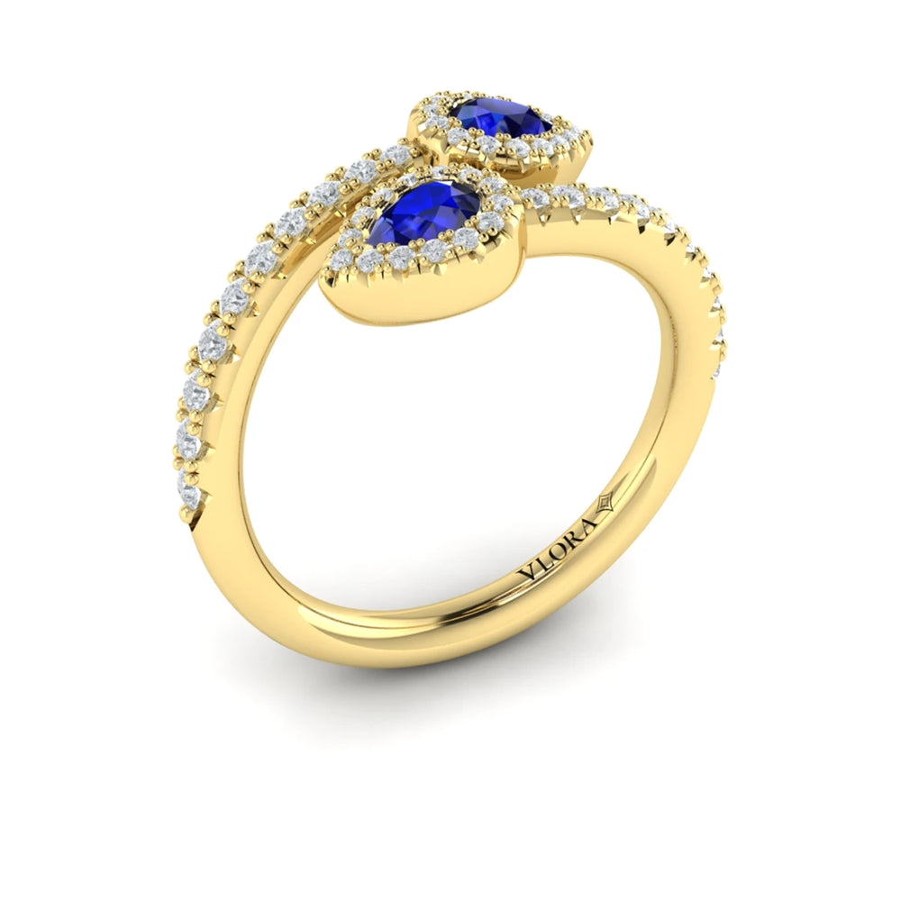 Diamond Wrapped Pear Blue Sapphire Ring Yellow Gold