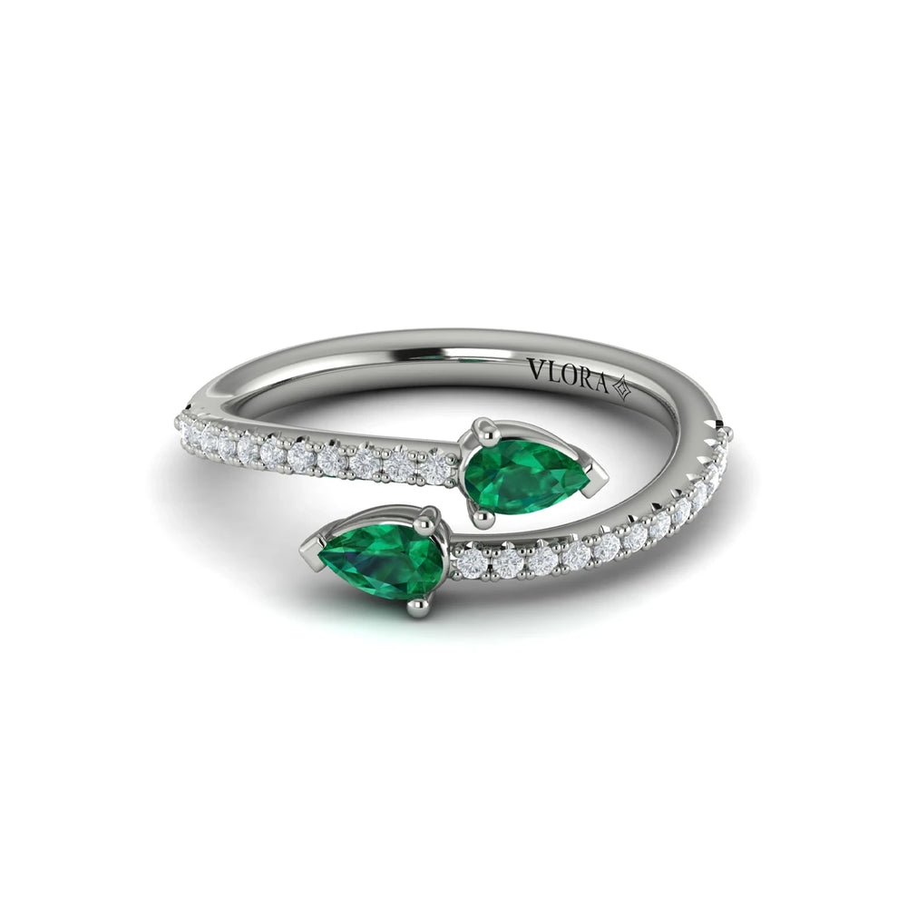 Diamond and Pear Emerald Wrap Ring White Gold