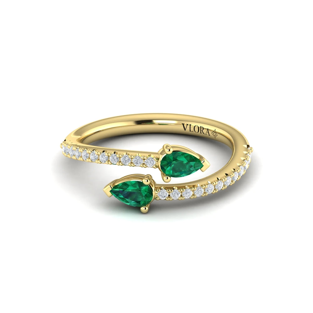 Diamond and Pear Emerald Wrap Ring Yellow Gold