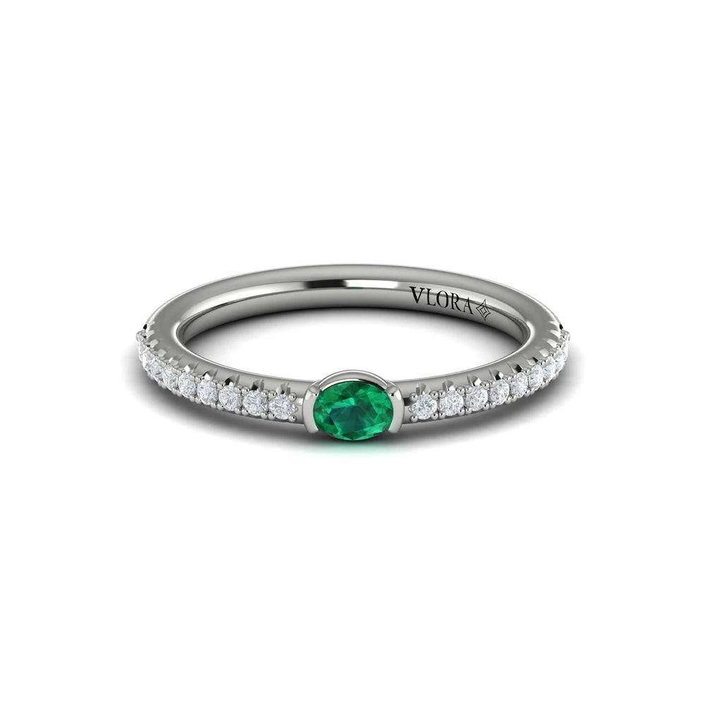 Diamond and Oval Emerald Centerstone Ring White Gold