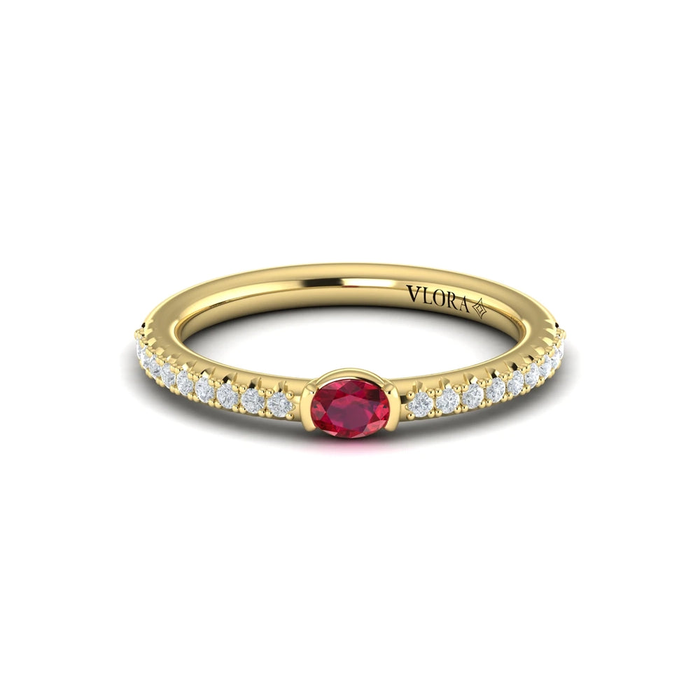Diamond and Oval Ruby Centerstone Ring Yellow Gold
