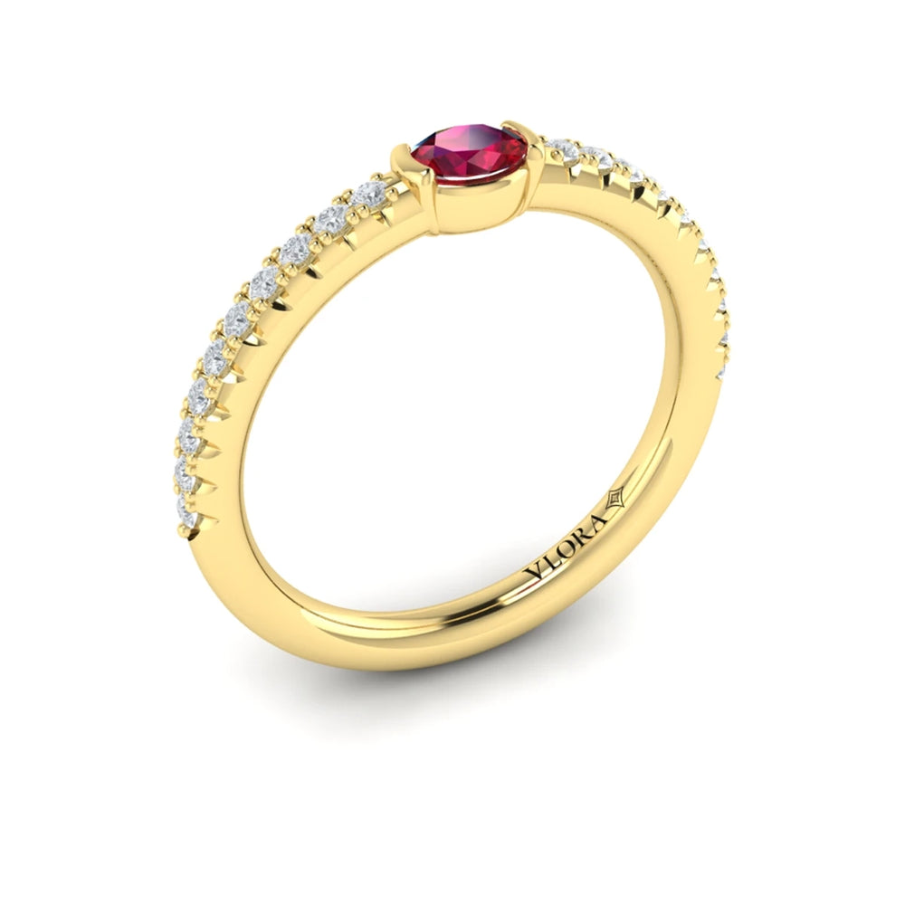 Diamond and Oval Ruby Centerstone Ring Yellow Gold