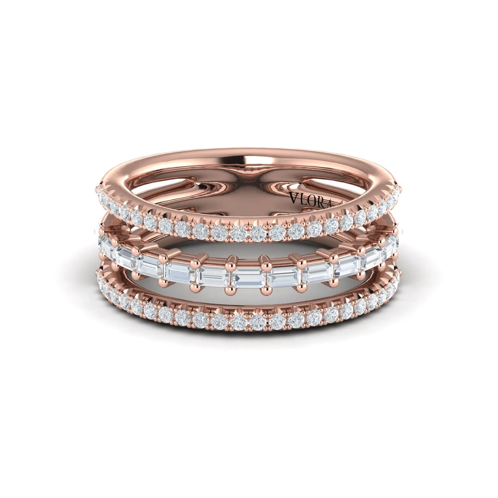 Diamond Open Three Row and Diamond Baguettes Ring Rose Gold