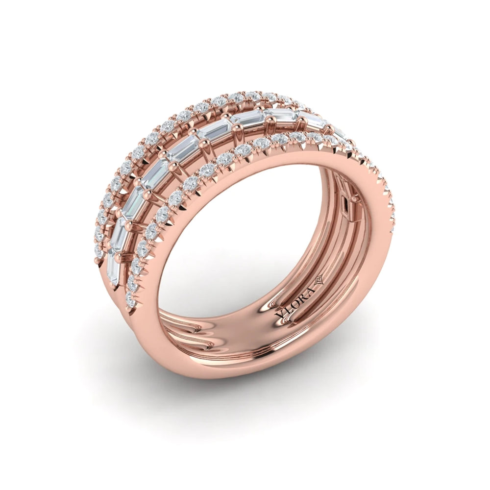 Diamond Open Three Row and Diamond Baguettes Ring Rose Gold