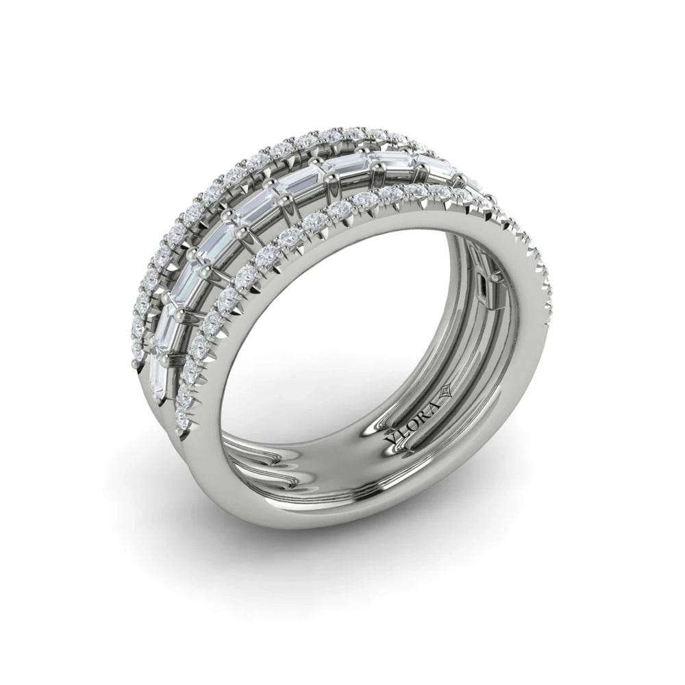 Diamond Open Three Row and Diamond Baguettes Ring White Gold