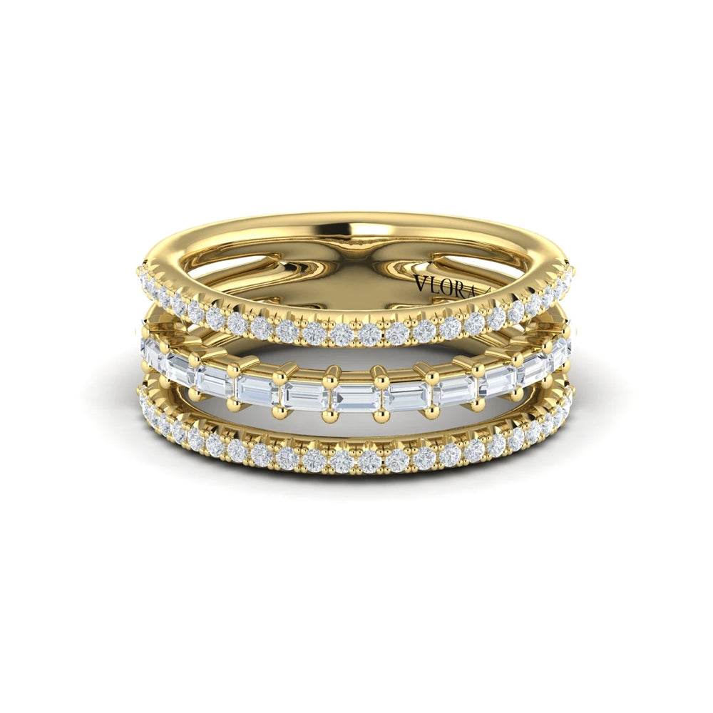 Diamond Open Three Row and Diamond Baguettes Ring Yellow Gold