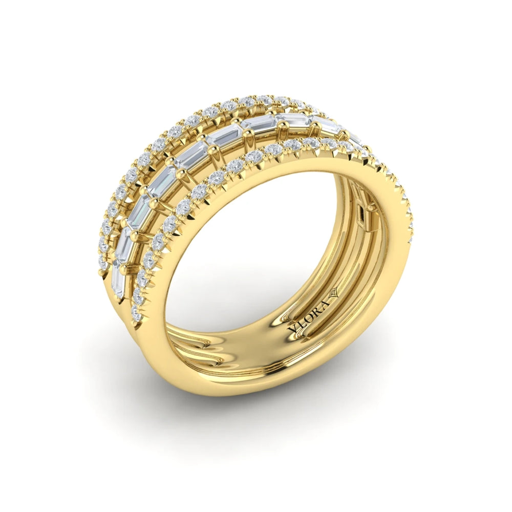 Diamond Open Three Row and Diamond Baguettes Ring Yellow Gold
