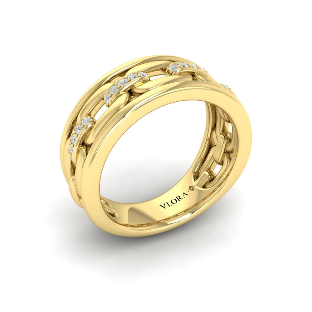 Channel Set Link with Diamonds Ring Yellow Gold