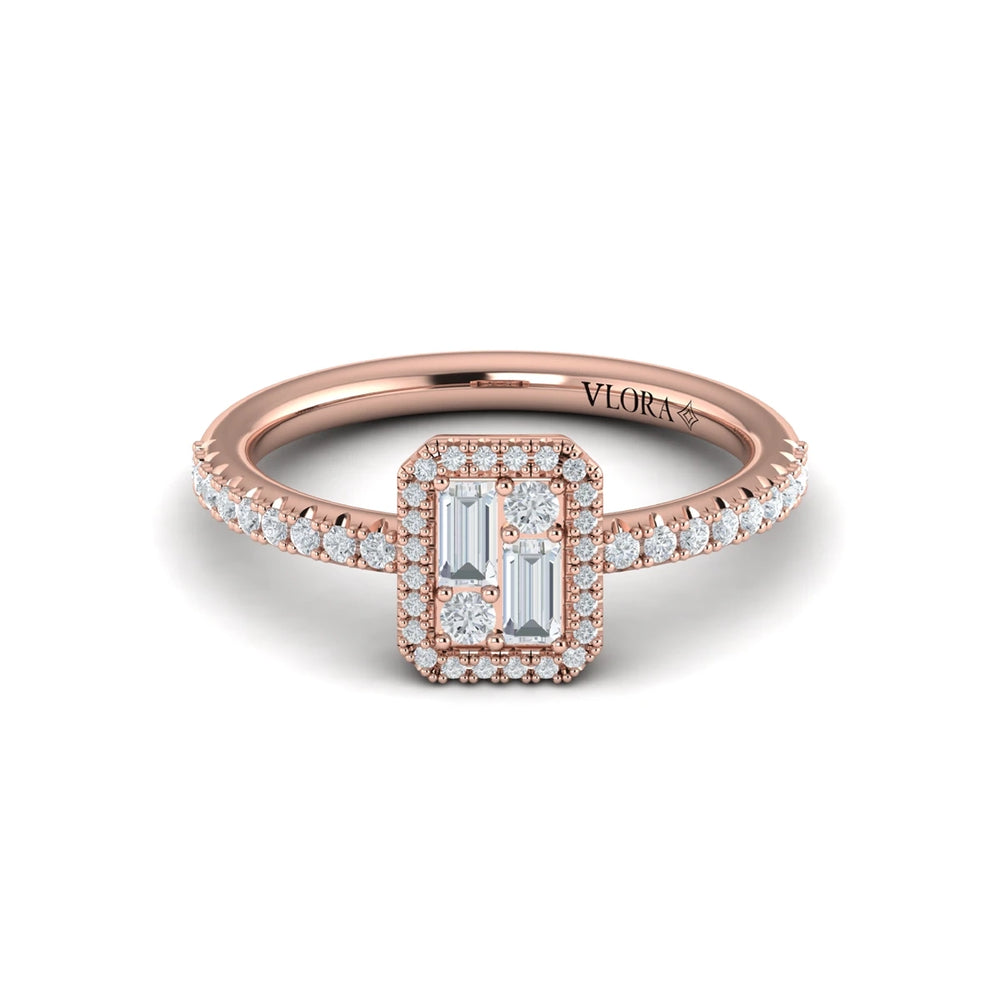 Diamond Halo with Diamond Baguettes Ring Rose Gold