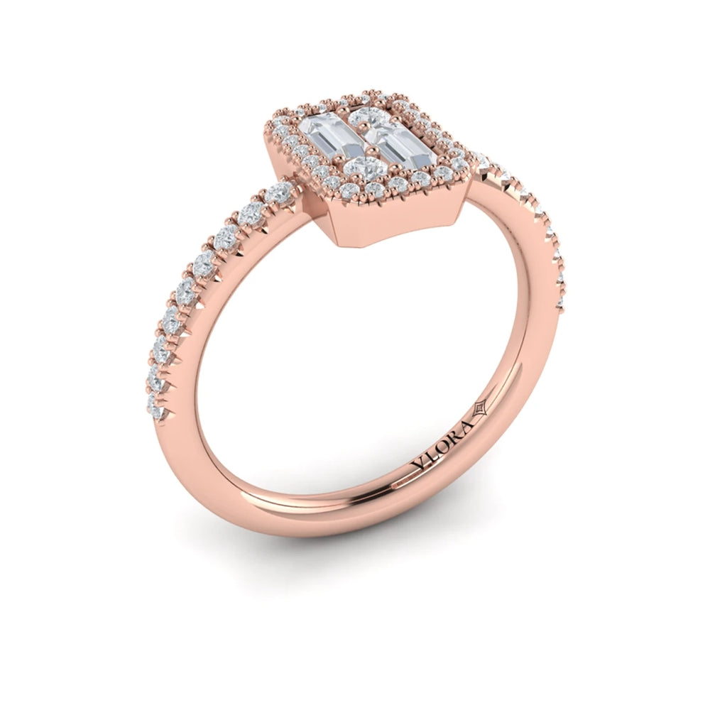 Diamond Halo with Diamond Baguettes Ring Rose Gold
