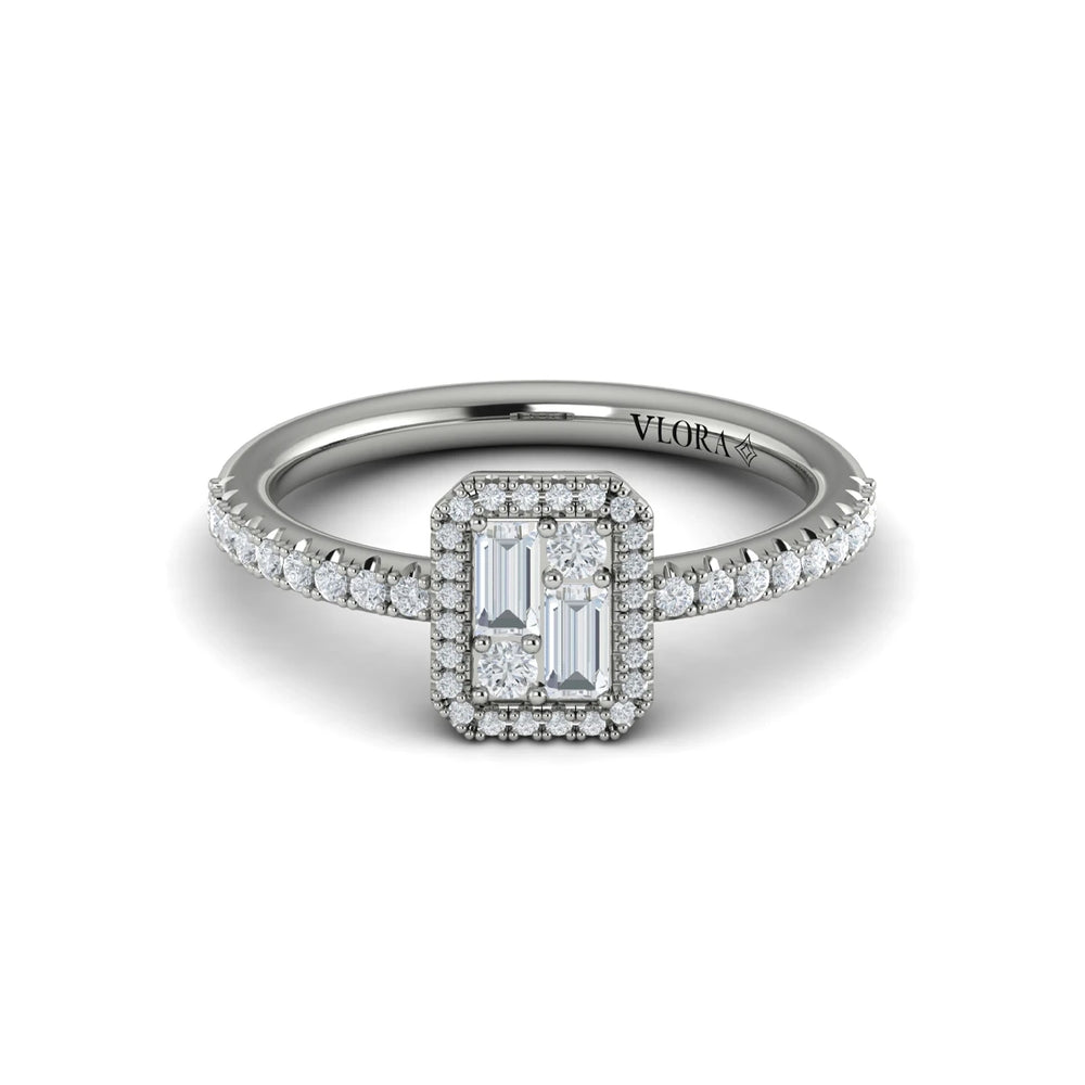 Diamond Halo with Diamond Baguettes Ring White Gold