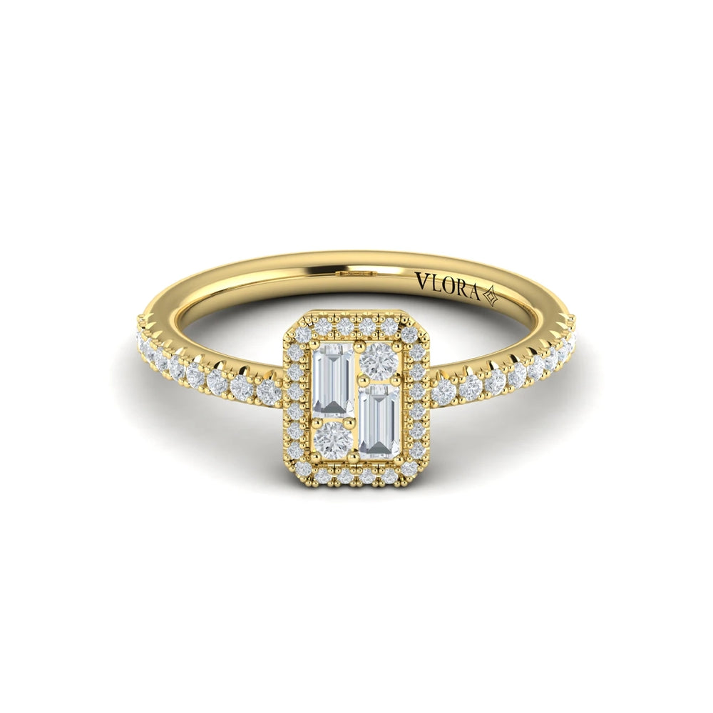 Diamond Halo with Diamond Baguettes Ring Yellow Gold