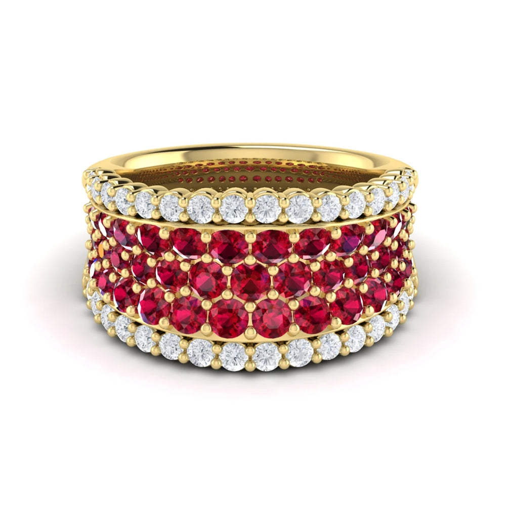 Diamond and Ruby Multi-Row Statement Ring Yellow Gold