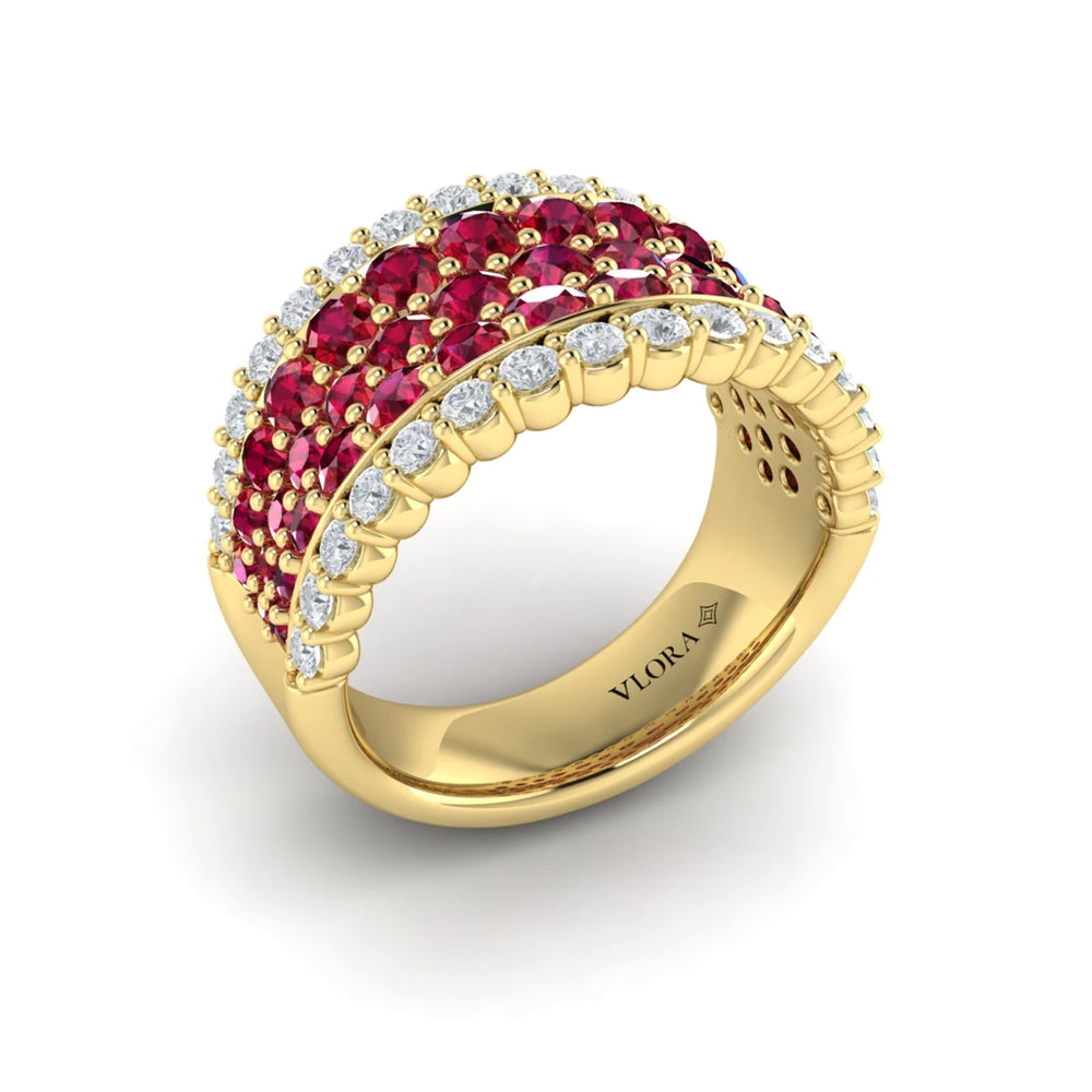 Diamond and Ruby Multi-Row Statement Ring Yellow Gold