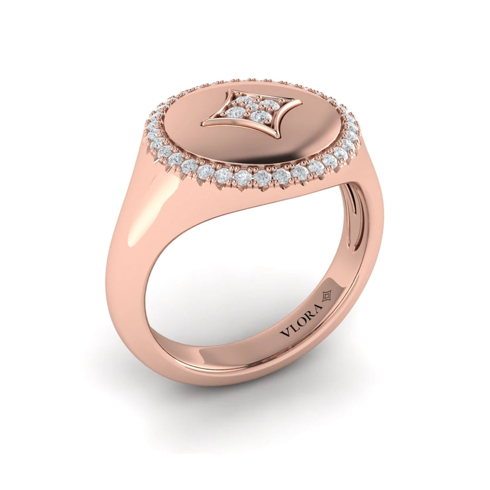 Center Star Diamonds and Bezel Signet Ring Rose Gold