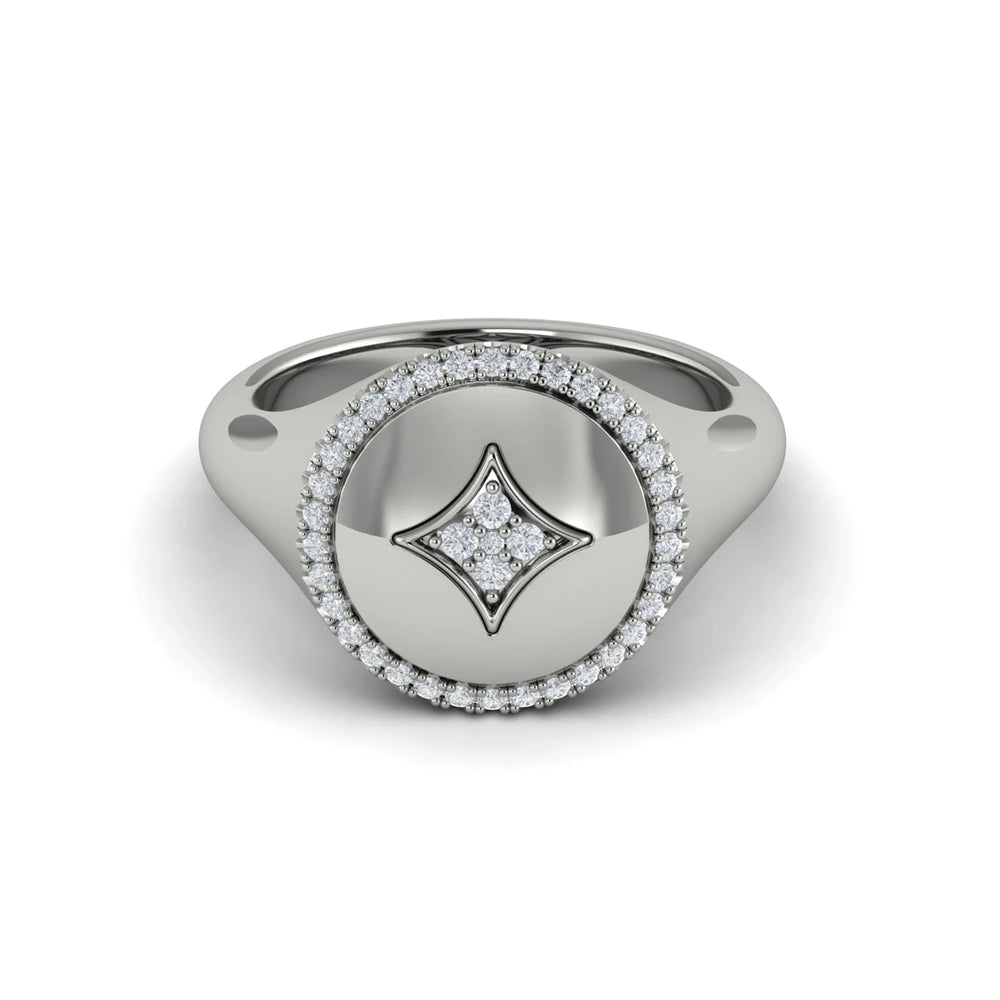 Center Star Diamonds and Bezel Signet Ring Platinum