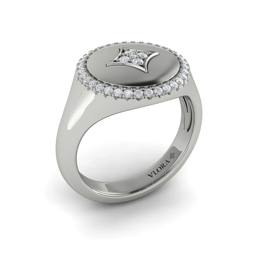 Center Star Diamonds and Bezel Signet Ring Platinum