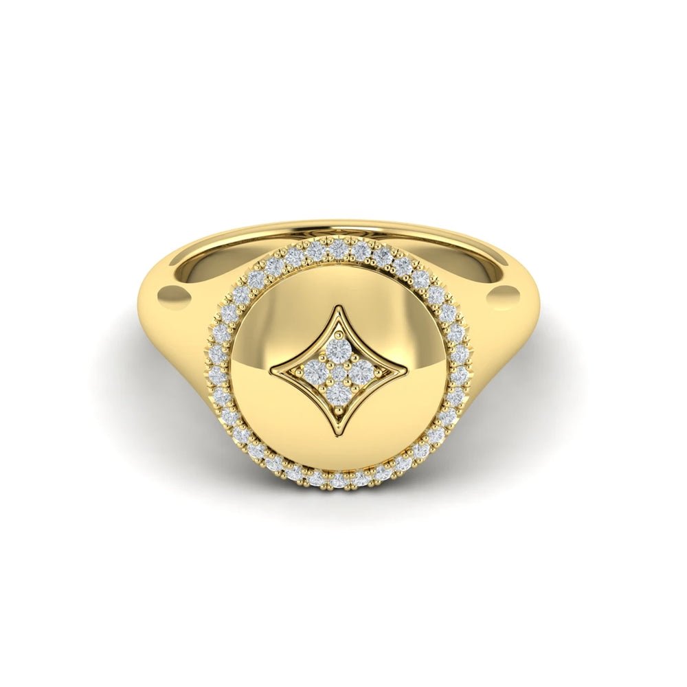 Center Star Diamonds and Bezel Signet Ring Yellow Gold
