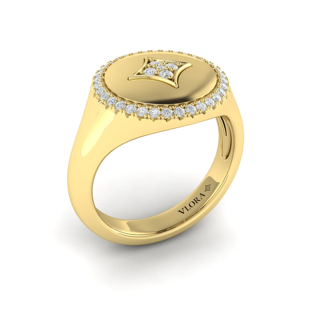 Center Star Diamonds and Bezel Signet Ring Yellow Gold