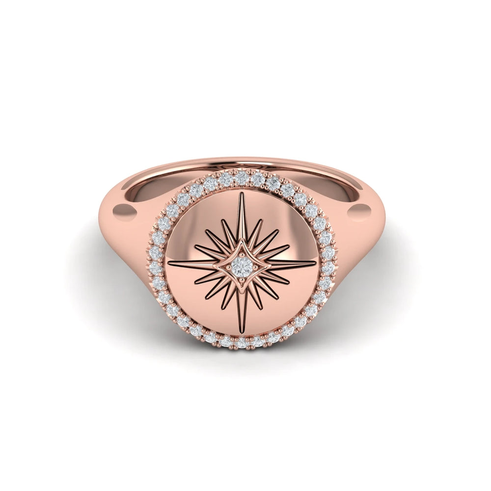 Center Starburst Diamond and Bezel Signet Ring Rose Gold