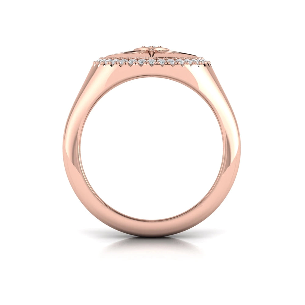 Center Starburst Diamond and Bezel Signet Ring Rose Gold