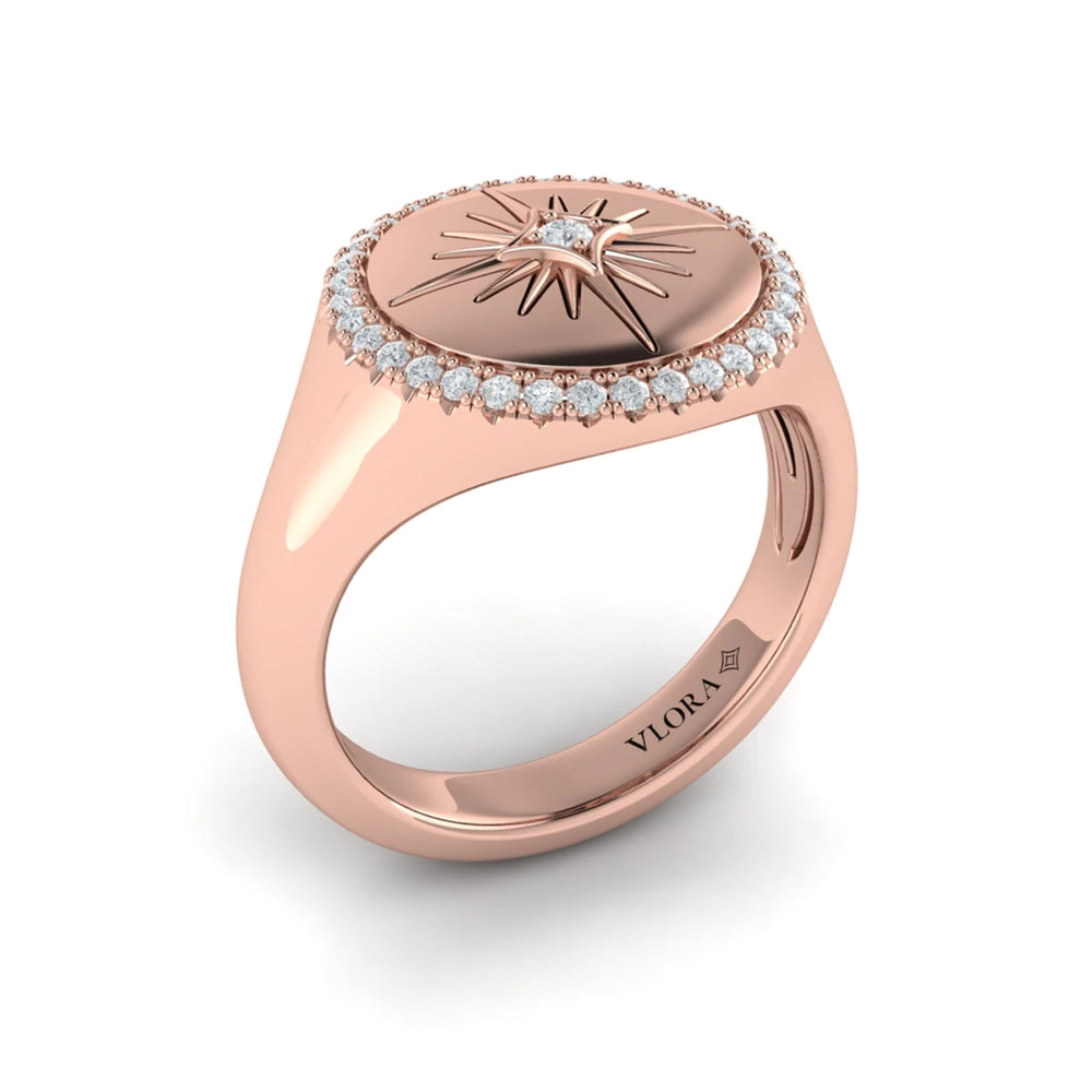 Center Starburst Diamond and Bezel Signet Ring Rose Gold