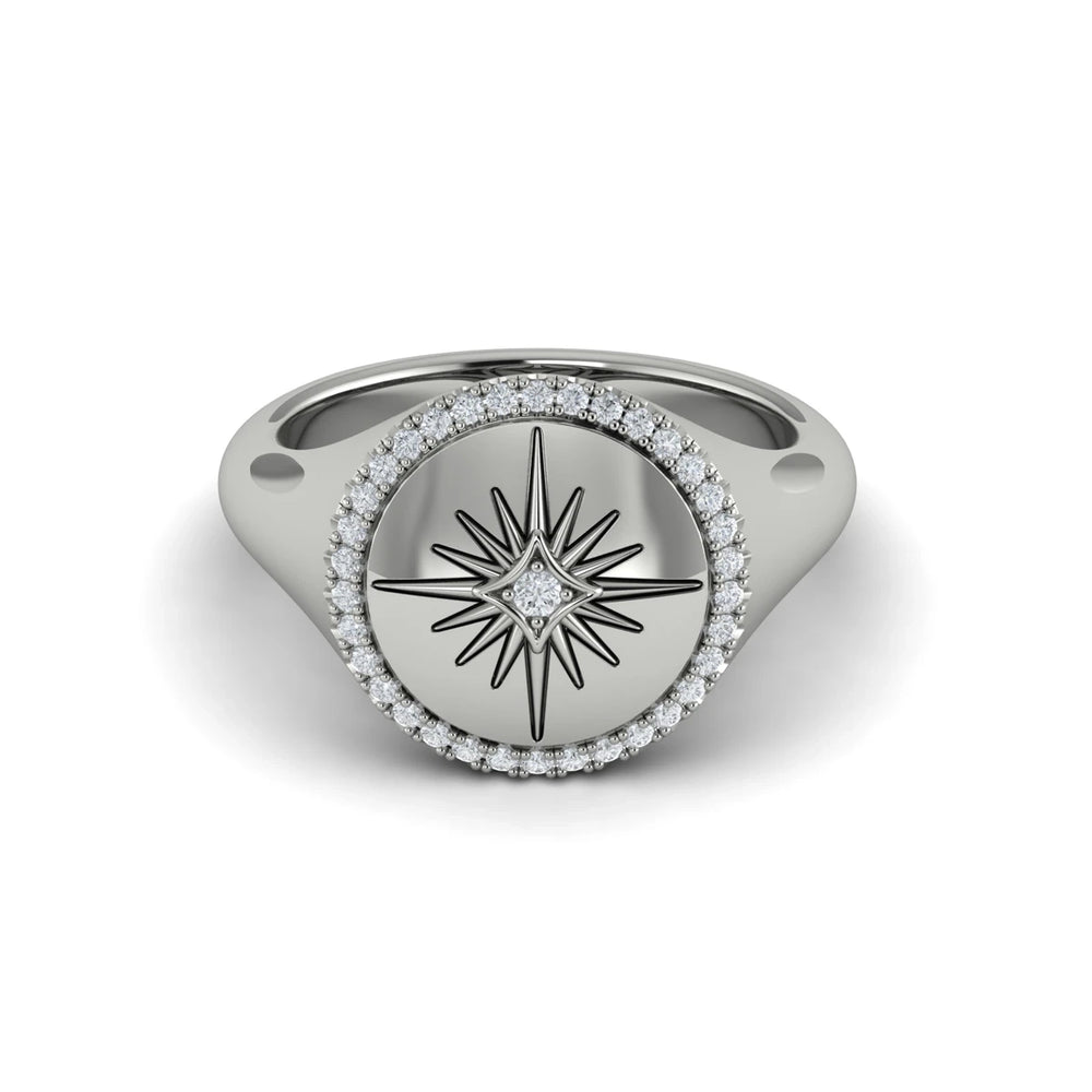 Center Starburst Diamond and Bezel Signet Ring Platinum