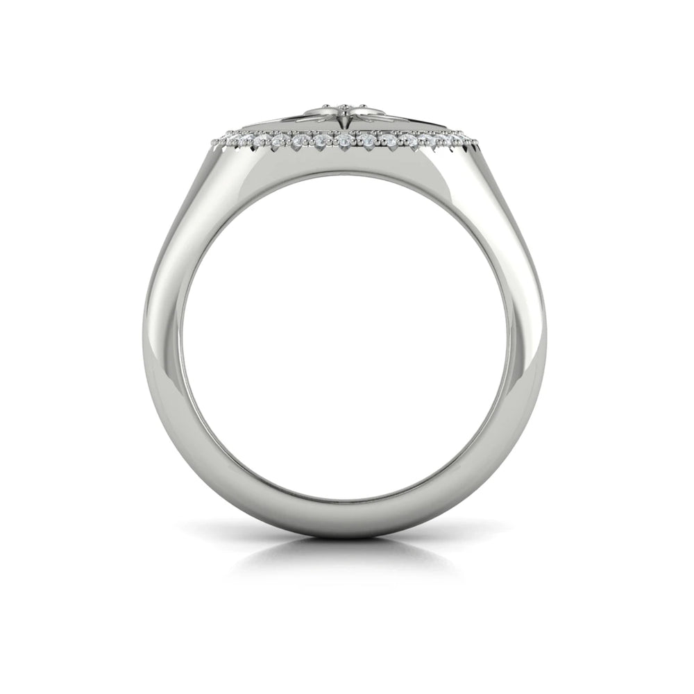 Center Starburst Diamond and Bezel Signet Ring White Gold