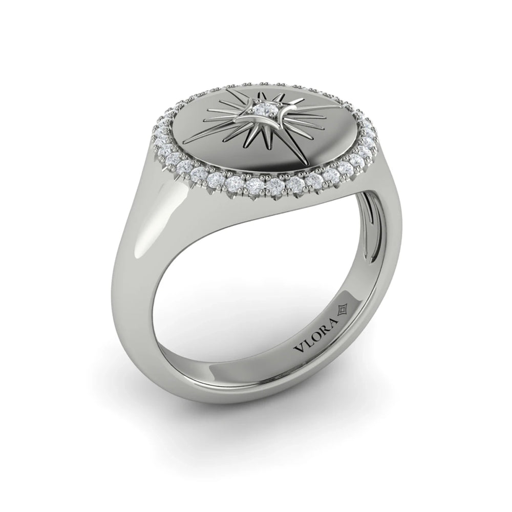 Center Starburst Diamond and Bezel Signet Ring White Gold