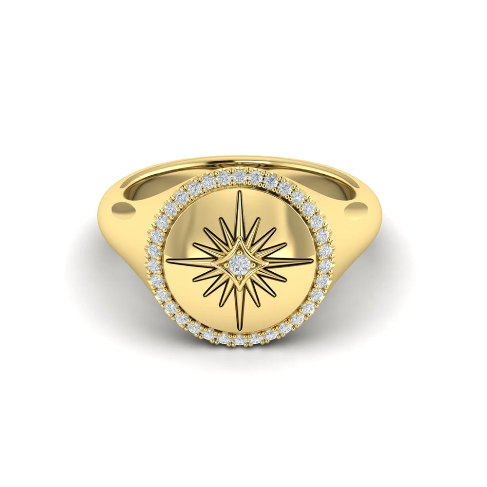 Center Starburst Diamond and Bezel Signet Ring Yellow Gold