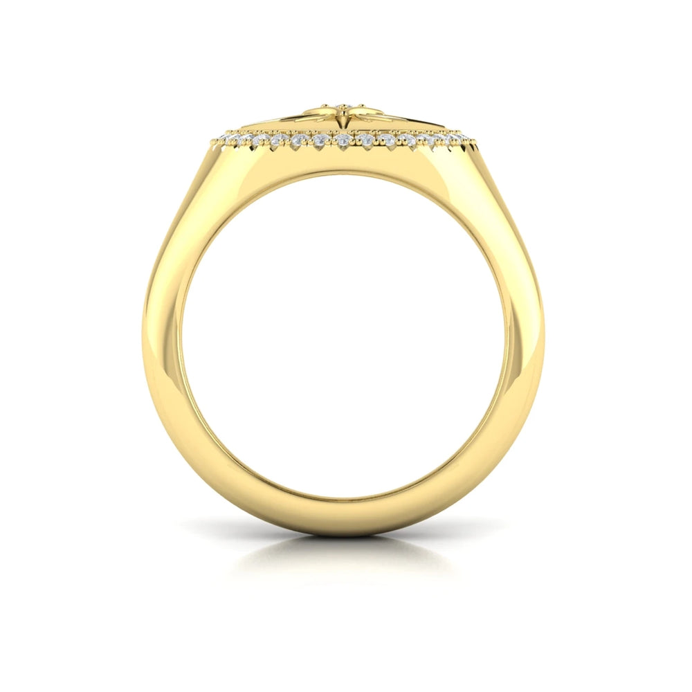 Center Starburst Diamond and Bezel Signet Ring Yellow Gold