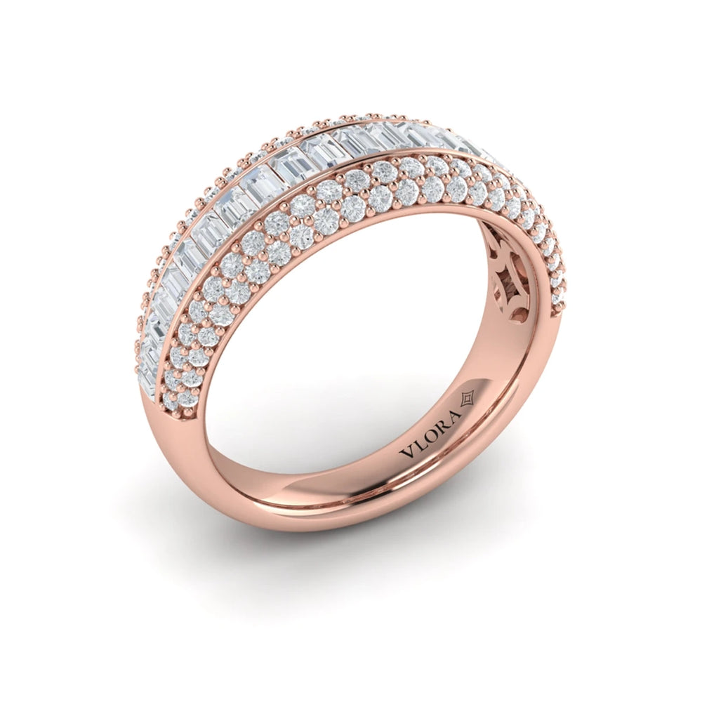Multi Diamond Baguette and Round Two Row Diamond Ring Rose Gold