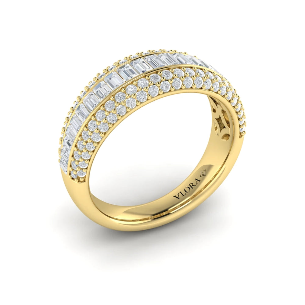 Multi Diamond Baguette and Round Two Row Diamond Ring Yellow Gold