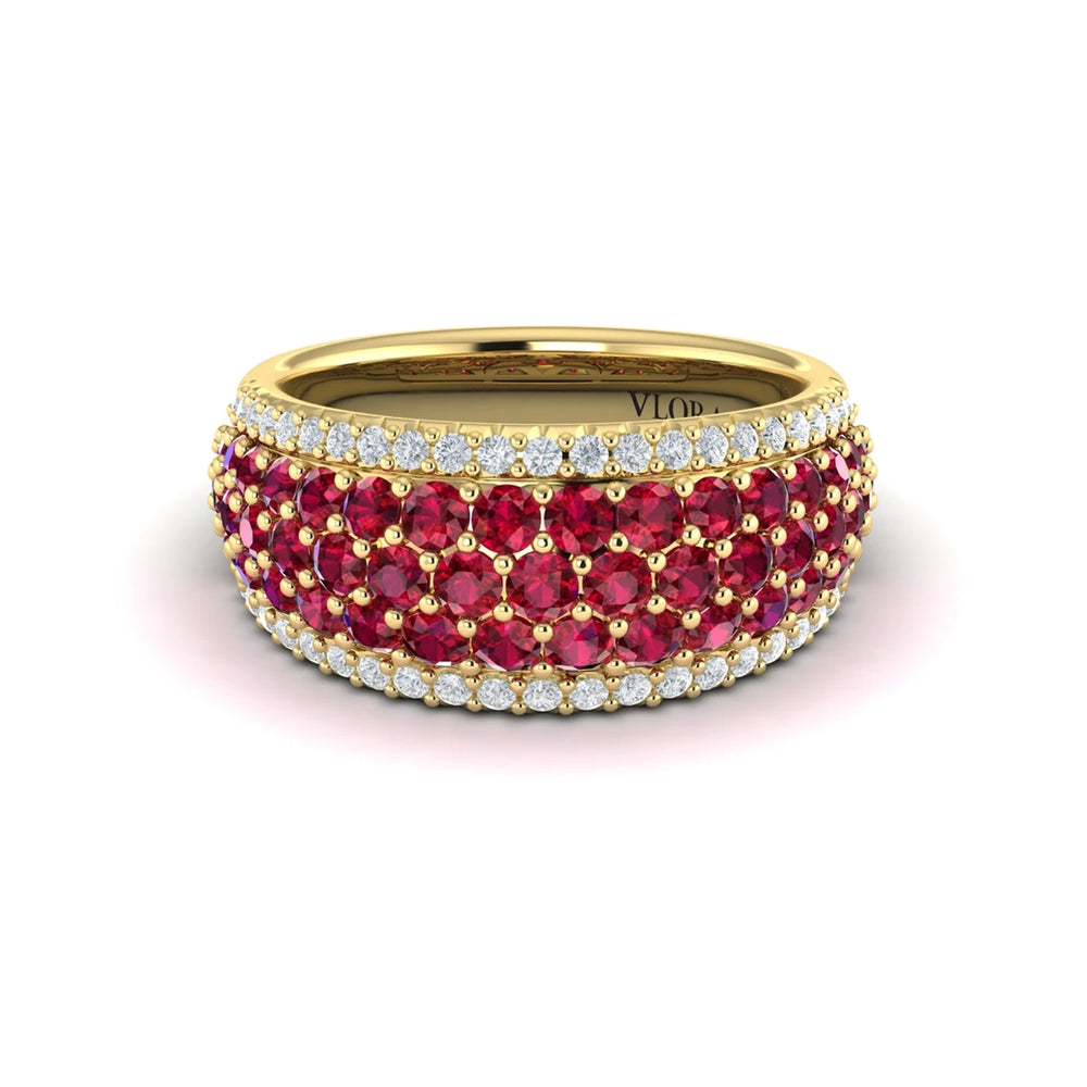 Diamond and Ruby Multi-Row Statement Ring Yellow Gold