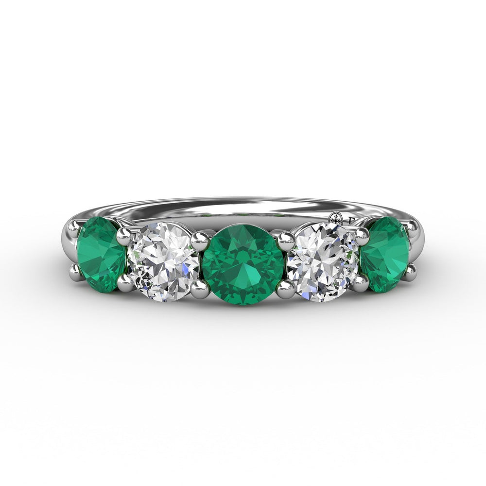Fana 14k White Gold Chunky Emerald and Diamond Shared Prong Anniversary Band