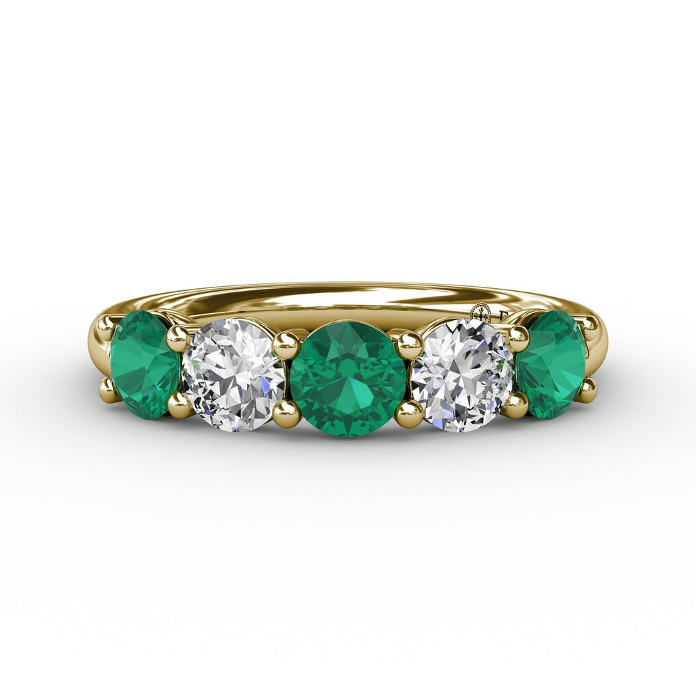Fana 14k Yellow Gold Chunky Emerald and Diamond Shared Prong Anniversary Band