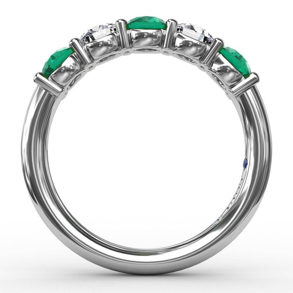 Fana 14k White Gold Chunky Emerald and Diamond Shared Prong Anniversary Band