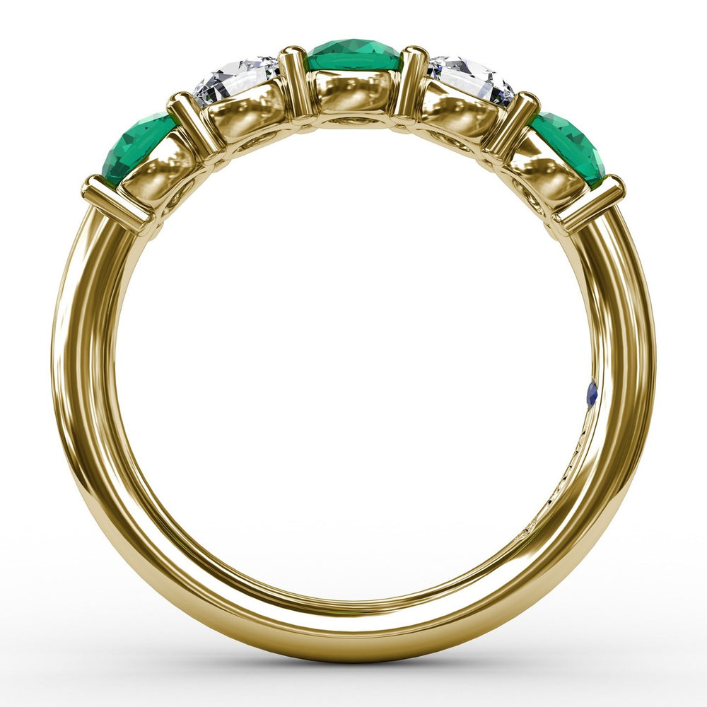 Fana 14k Yellow Gold Chunky Emerald and Diamond Shared Prong Anniversary Band
