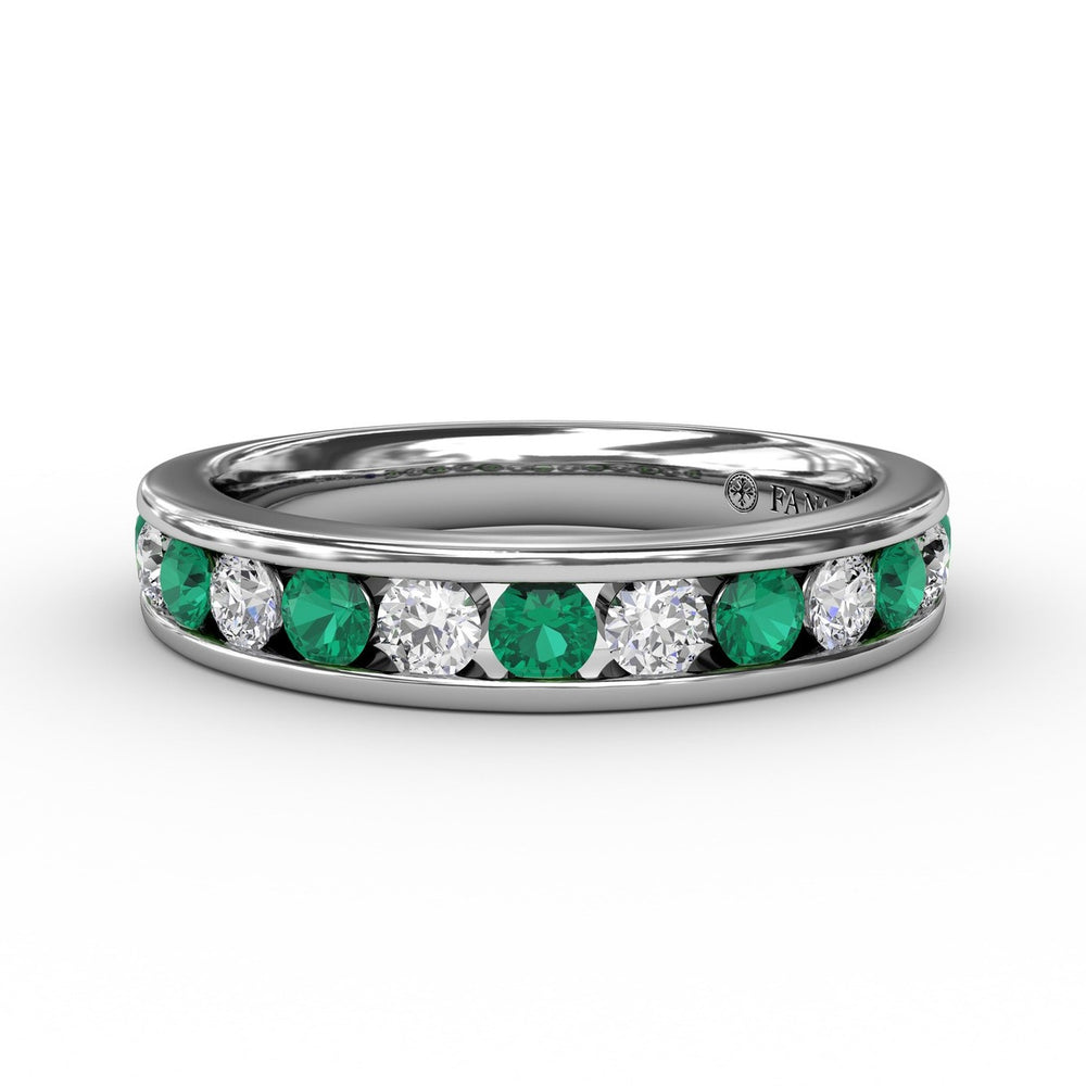 Fana 14k White Gold Single Row Emerald and Diamond Band